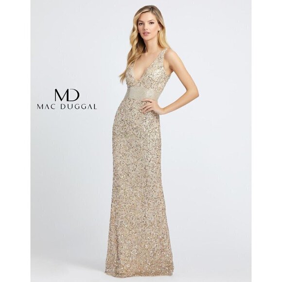 MAC DUGGAL Sequined Sleeveless V Neck Column Gown in Nude Gold Size US 2 - Picture 13 of 16
